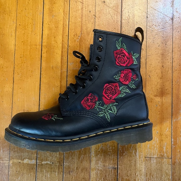 Dr. Martens Shoes - Dr. Martens Black Boots with Red Rose Embroidery